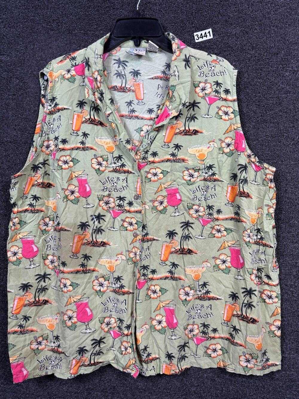 VTG Big Dogs Blouse Collared Women’s 26/28 Tropical Drinks "LIFE IS A BEACH"